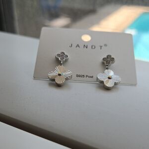 JANDT Silver Laser Cut Cliver Drop Earrings w Iridescent Center Sterling Posts